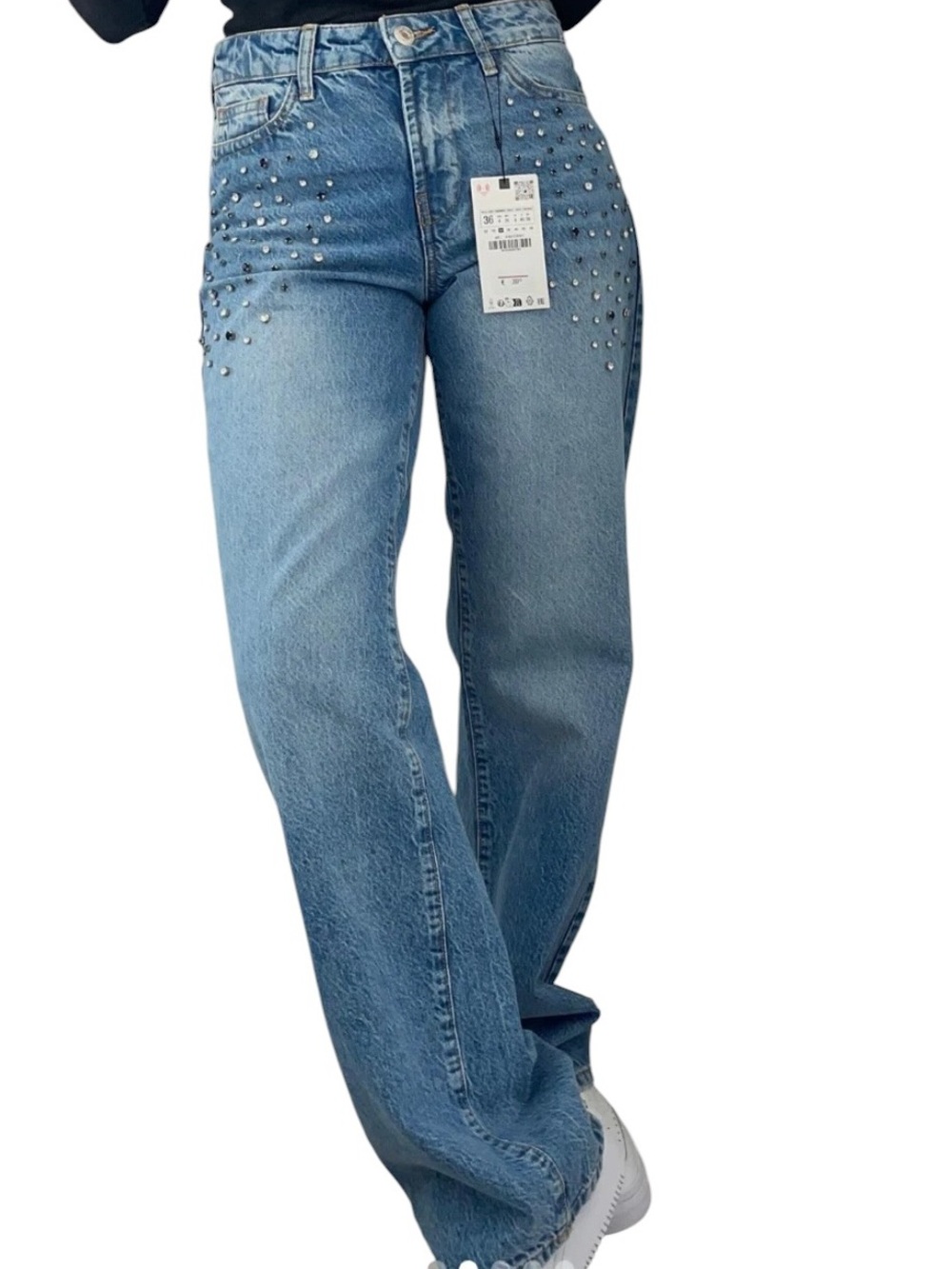 New ZARA Straight Leg Rhinestone Jewel Embellished High Waist Jeans Size 4